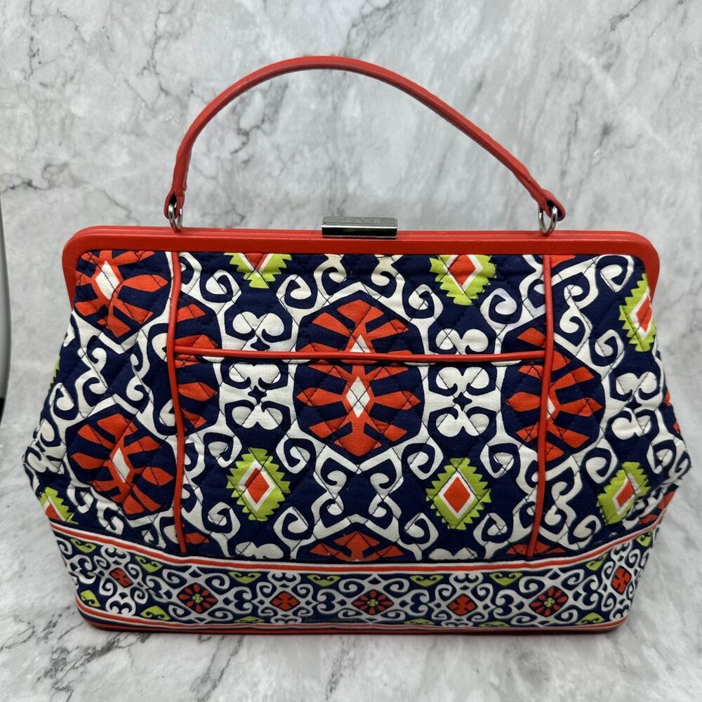 Vera Bradley Barbara Frame Handbag Sun Valley Navy Orange Quilted Satchel Purse